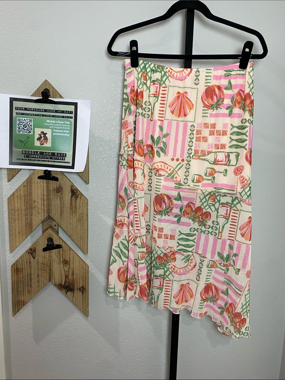 See You Monday Pink, Green & Cream Asymmetrical Midi Skirt 14-20” waist - Picture 3 of 8